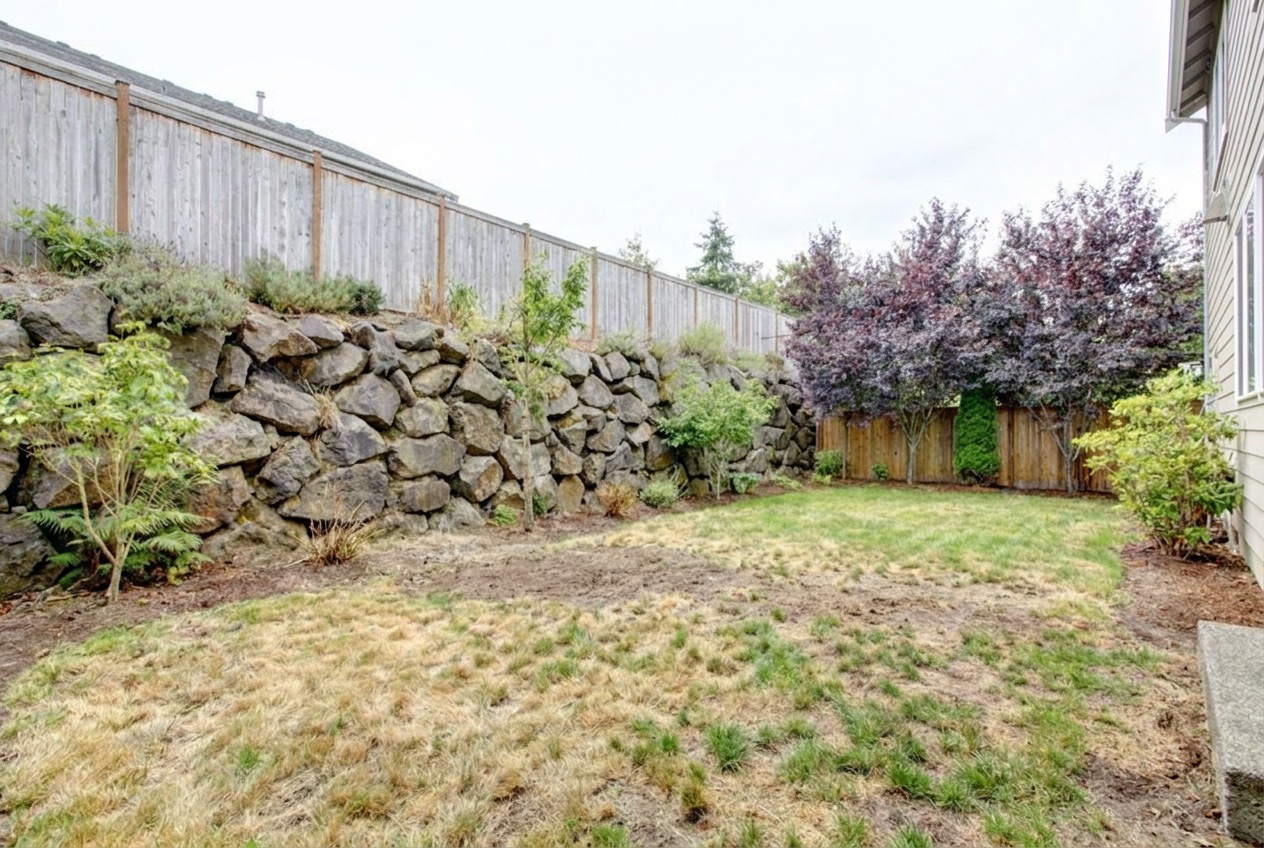Backyard before a Legado covered patio and fireplace build